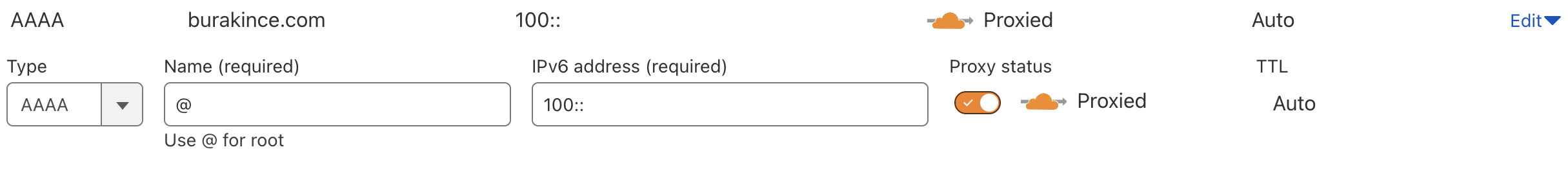 image of my AAAA registration on Cloudflare