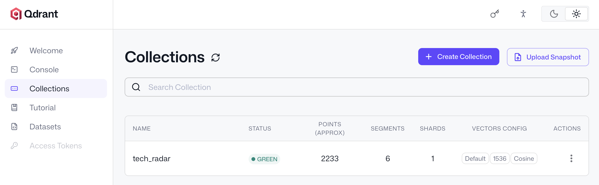 Qdrant dashboard showing the tech_radar collection: 2,233 points, GREEN status, 1536-dimensional vectors with Cosine distance