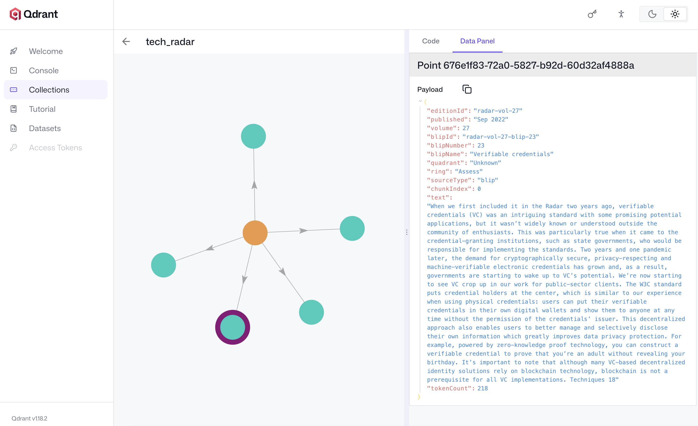 Qdrant point payload for the "Verifiable credentials" blip (radar-vol-27, ring=Assess) showing full metadata: edition, blip ID, name, ring, quadrant, source type, and text chunk