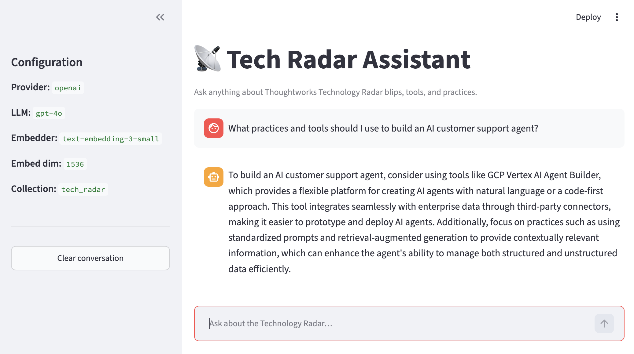 Tech Radar Assistant Streamlit interface answering "What practices and tools should I use to build an AI customer support agent?" with a response citing GCP Vertex AI Agent Builder and retrieval-augmented generation