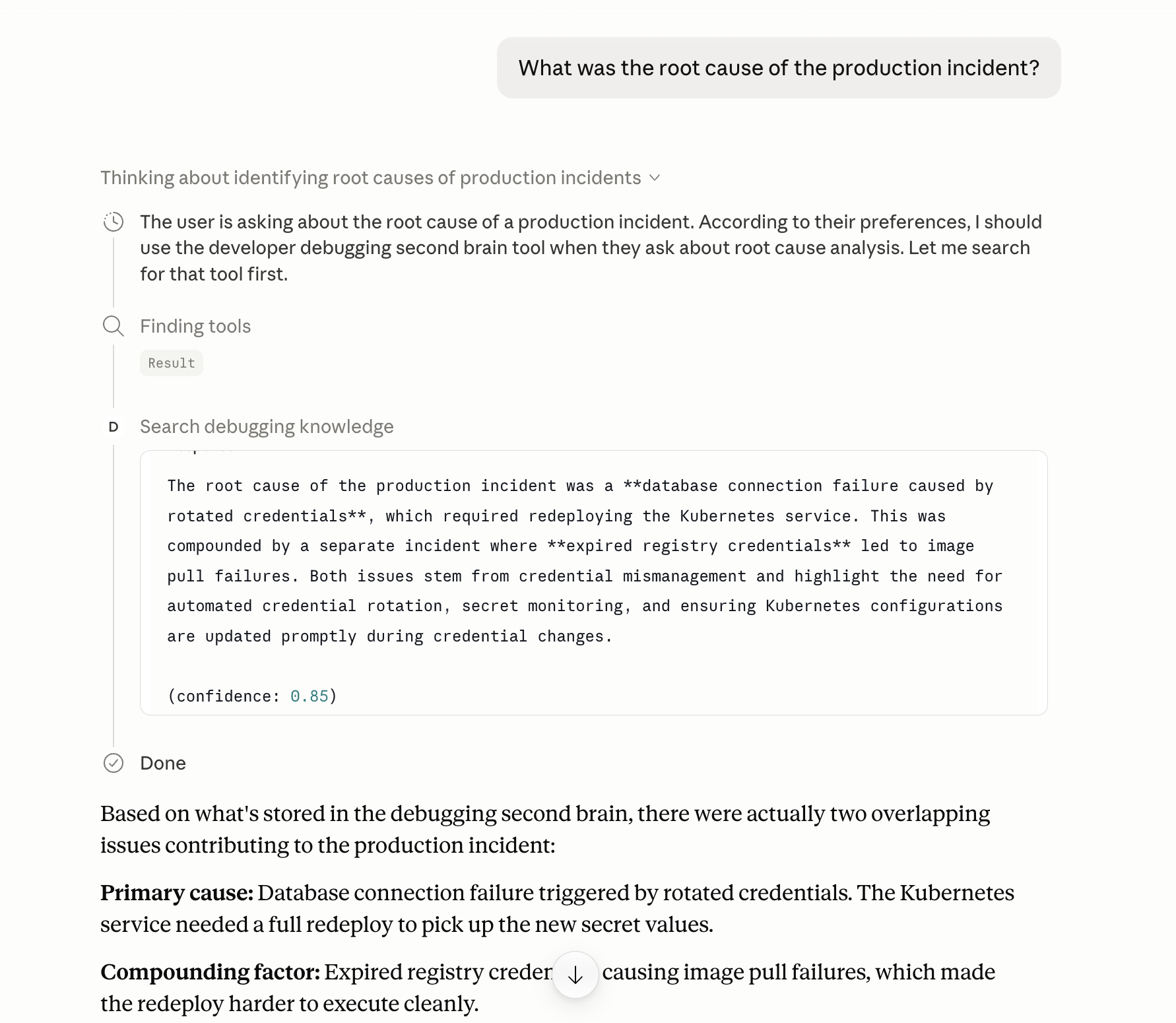 Claude Desktop calling search_debugging_knowledge and returning a root cause analysis at confidence 0.85