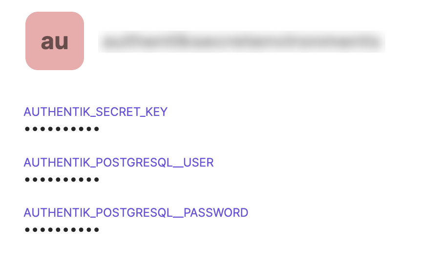 Authentik secrets item in 1Password showing AUTHENTIK_SECRET_KEY, AUTHENTIK_POSTGRESQL__USER, and AUTHENTIK_POSTGRESQL__PASSWORD fields