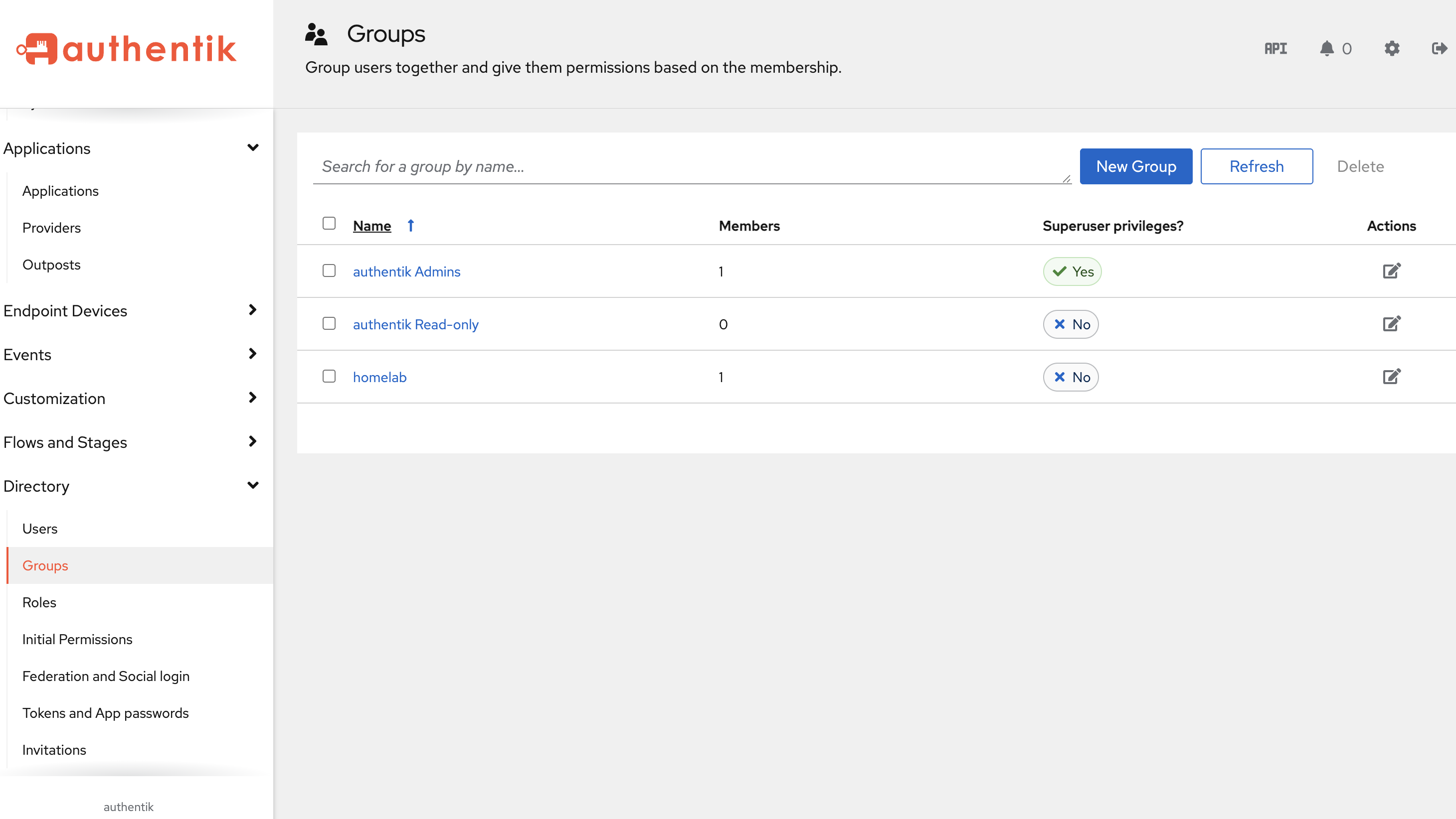 Authentik Groups list showing authentik Admins, authentik Read-only, and the homelab group with one member