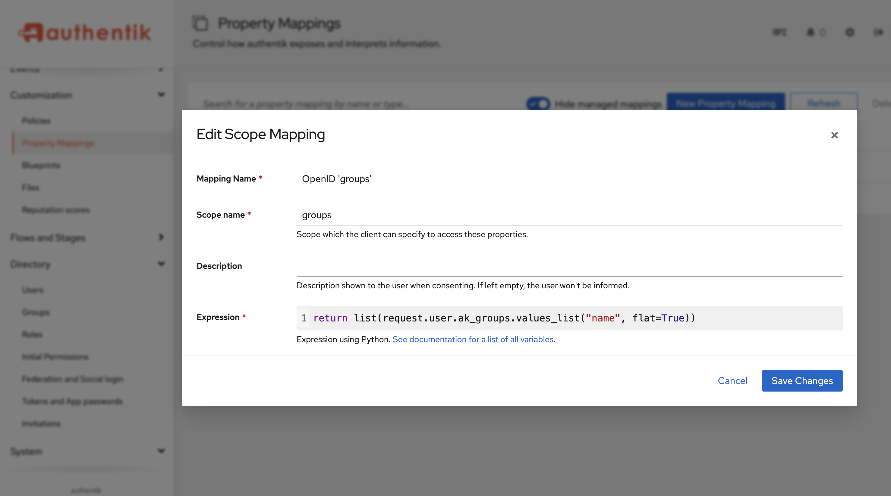 Authentik Edit Scope Mapping dialog showing scope name groups and the Python expression that returns group names