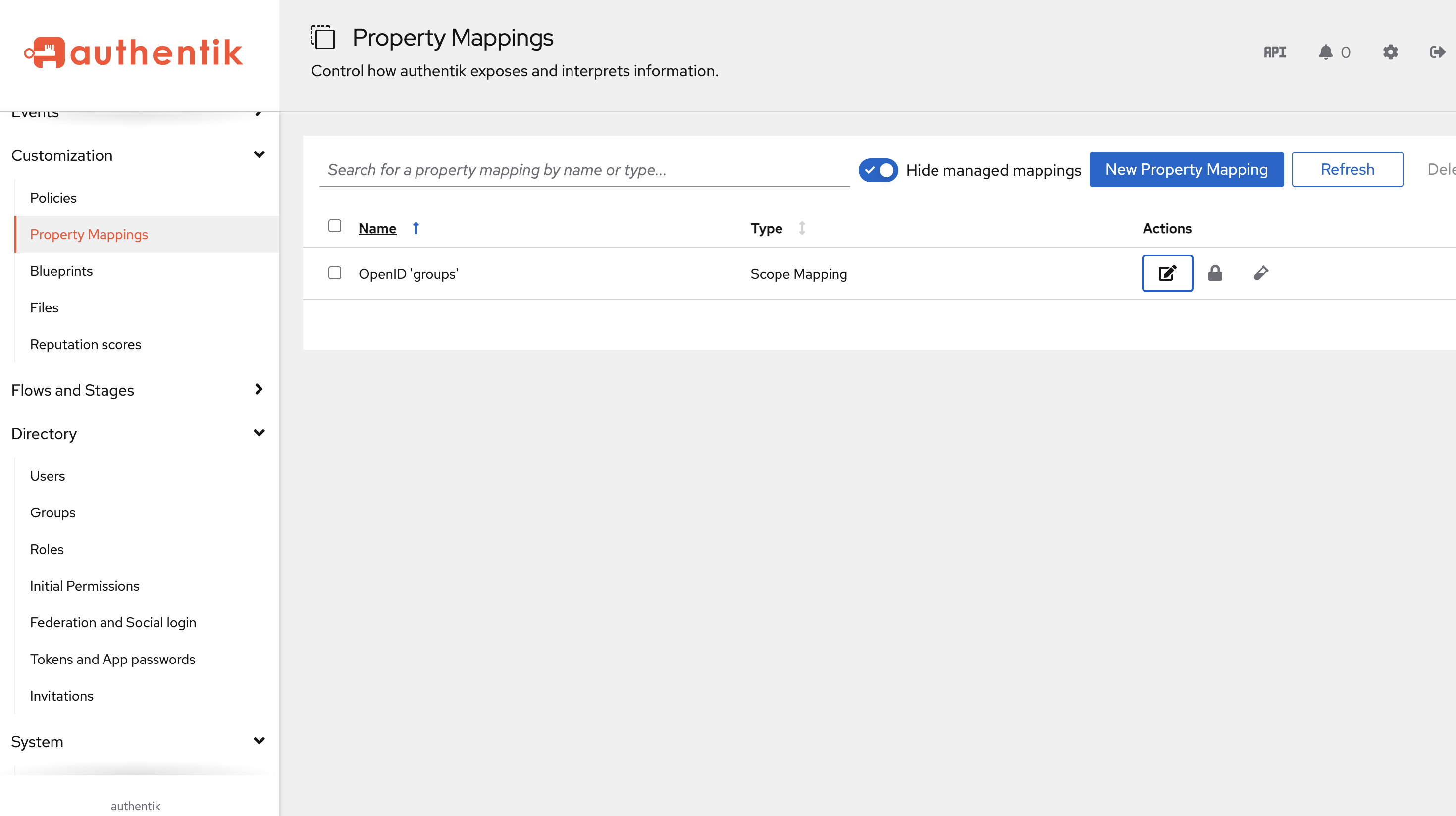 Authentik Property Mappings list showing the OpenID groups Scope Mapping
