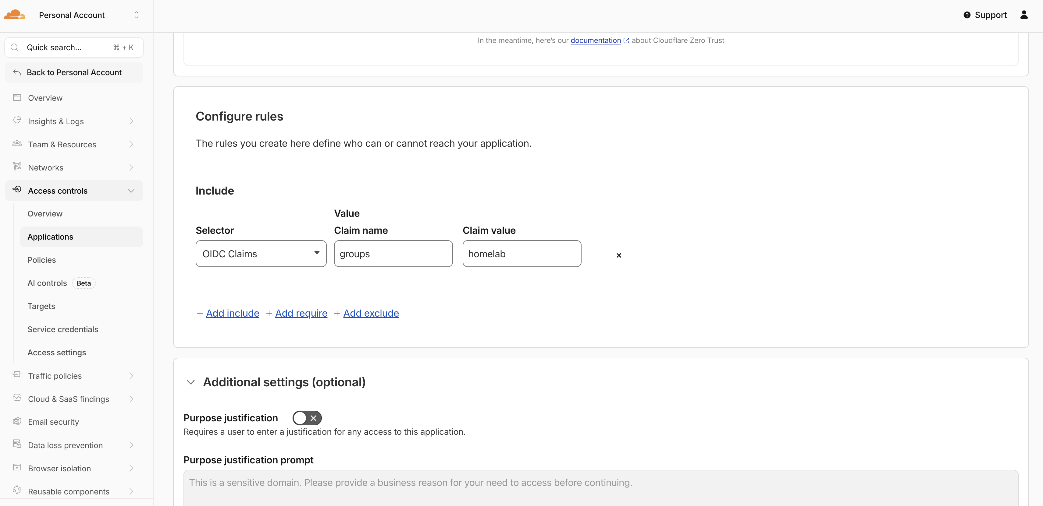 Cloudflare Access rule configured with OIDC Claims selector, claim name groups, and claim value homelab