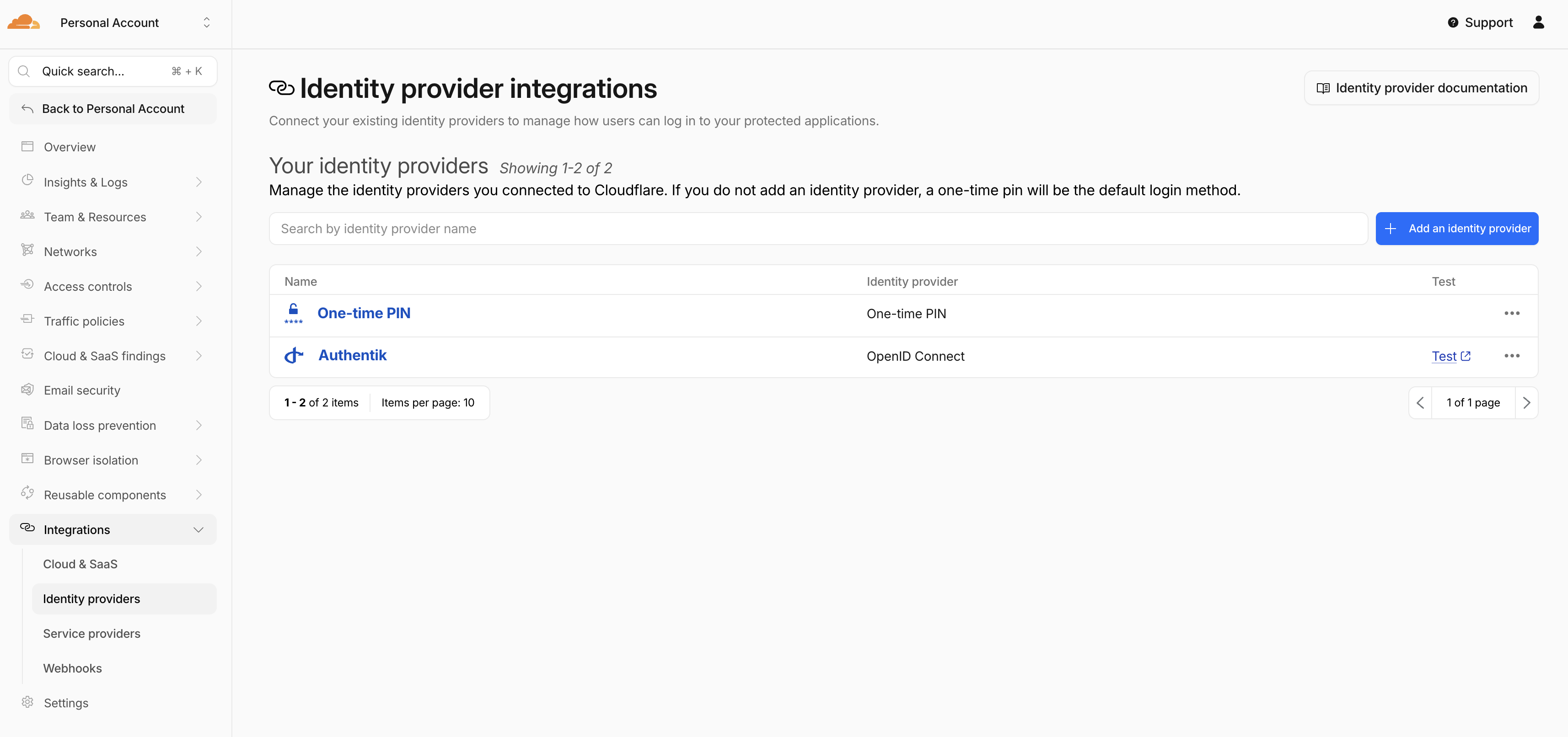 Cloudflare Zero Trust identity providers page showing Authentik listed as an OpenID Connect provider