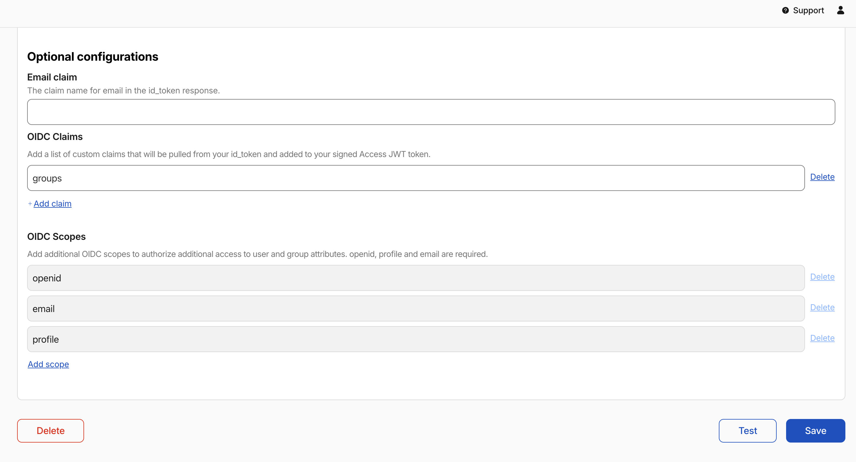 Cloudflare identity provider configuration showing groups in OIDC Claims and openid, email, profile in OIDC Scopes