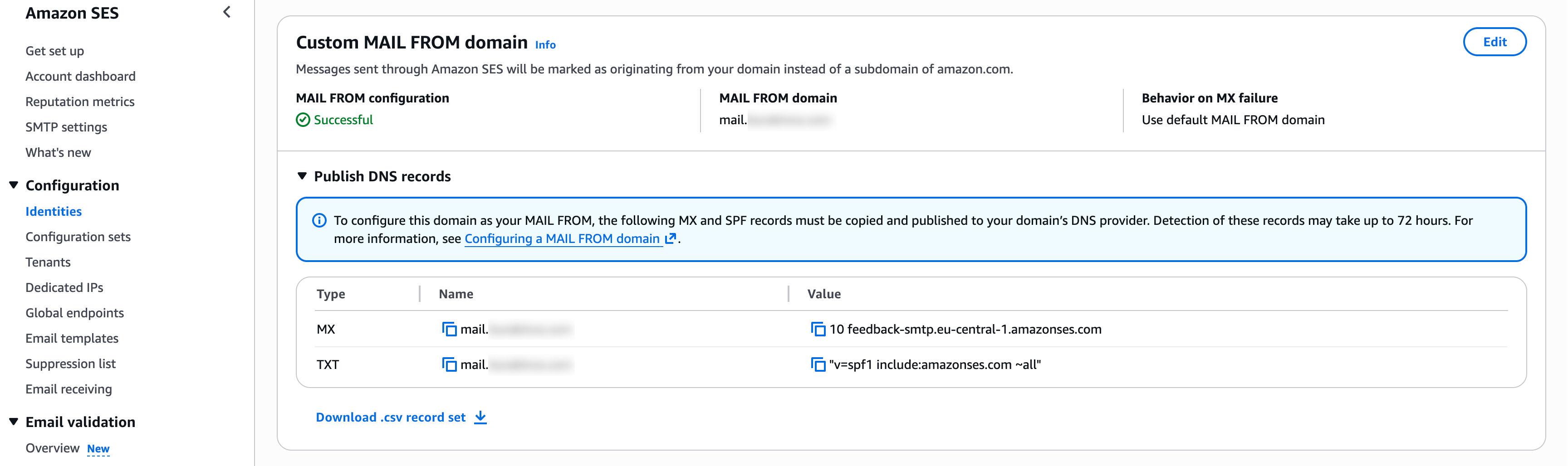 AWS SES custom MAIL FROM domain configuration showing the DNS records to publish in Cloudflare