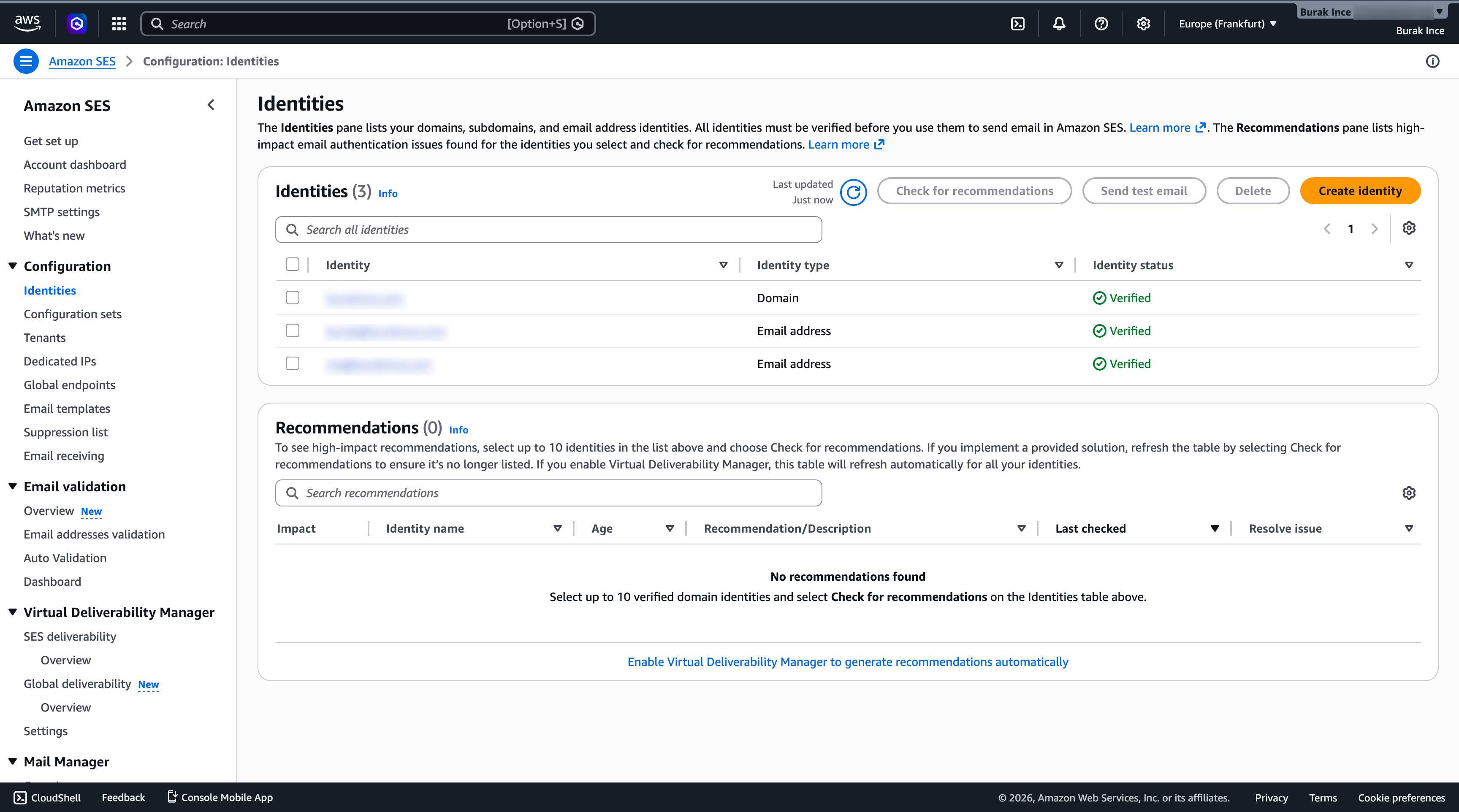 AWS SES Identities page showing domain and email address both verified with zero recommendations