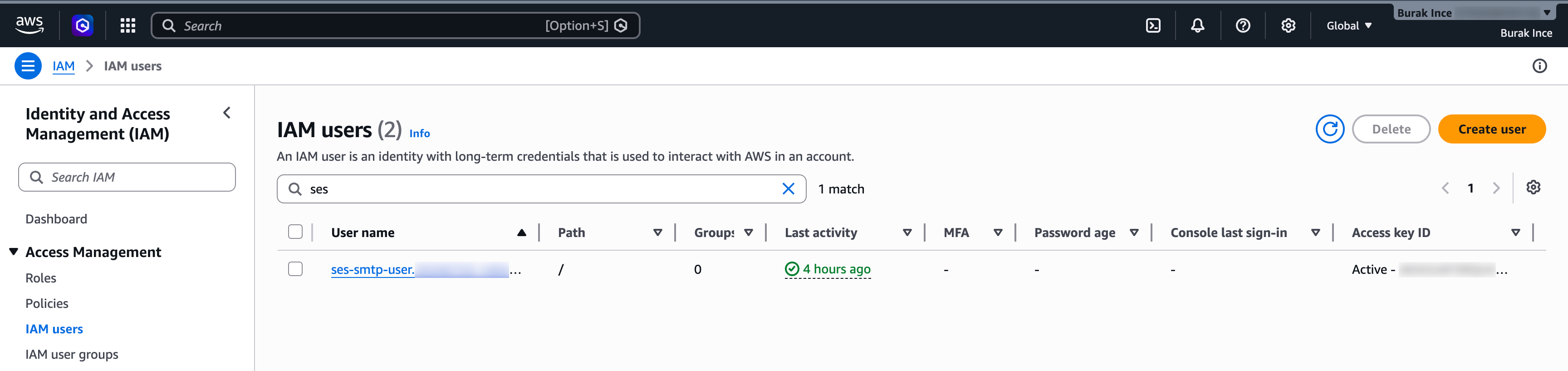 AWS IAM users page showing the ses-smtp-user created for SES SMTP access