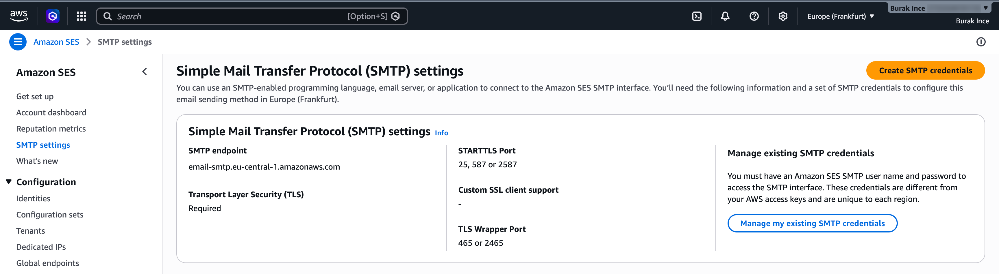 AWS SES SMTP settings page showing the endpoint information and Create SMTP credentials button