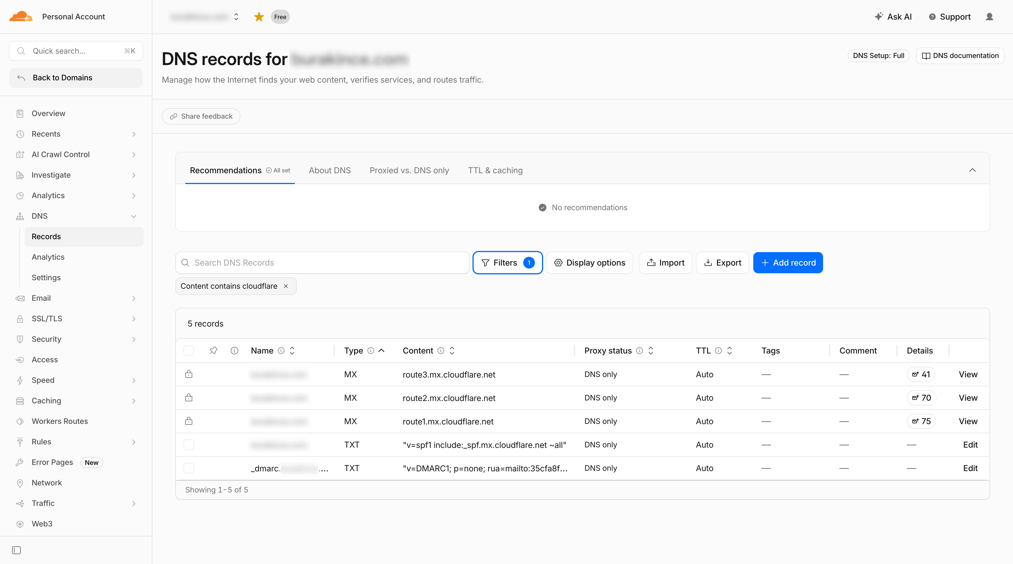 Cloudflare DNS records showing MX, SPF, and DMARC records added automatically by Email Routing