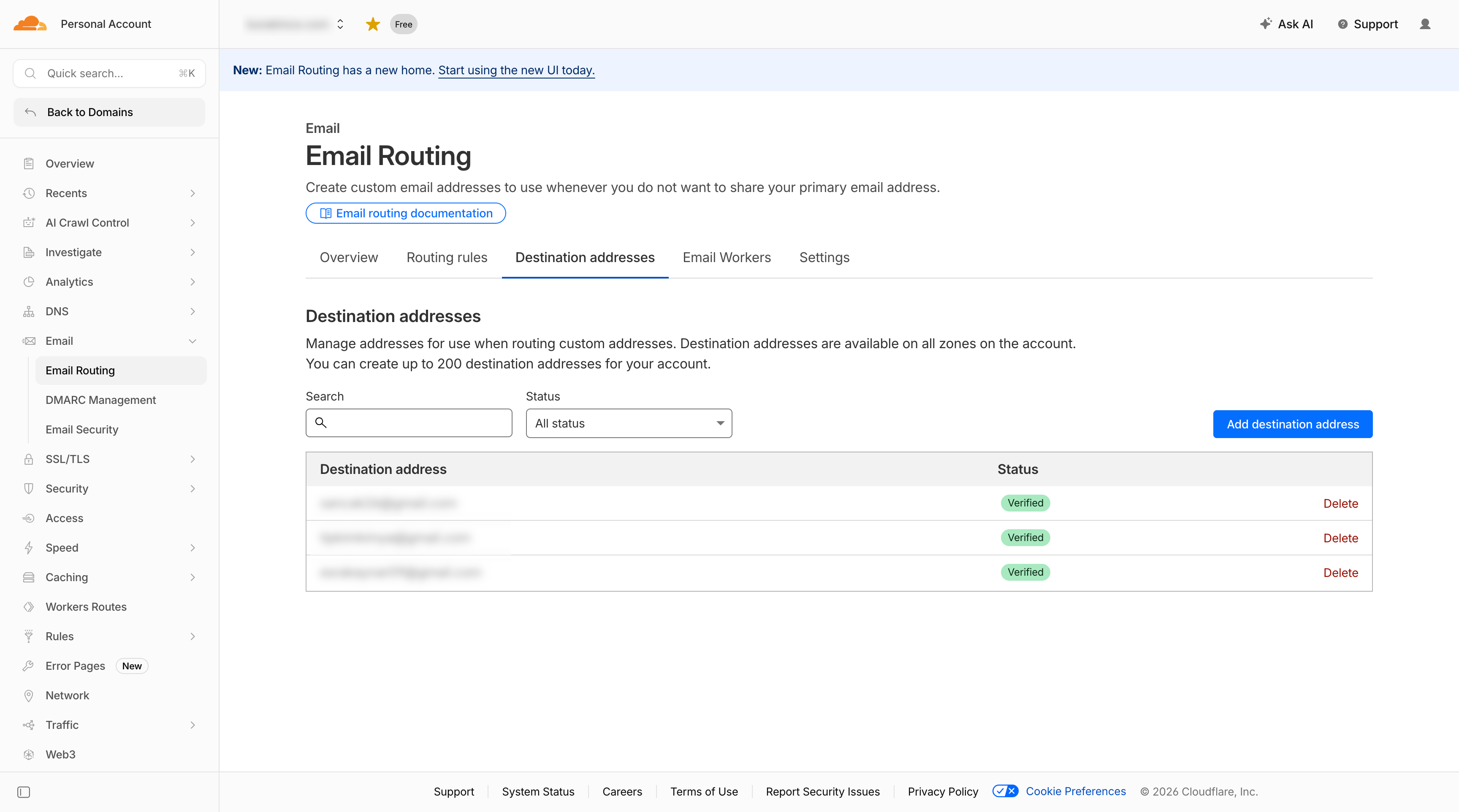 Cloudflare Email Routing destination addresses tab showing verified Gmail forwarding destination