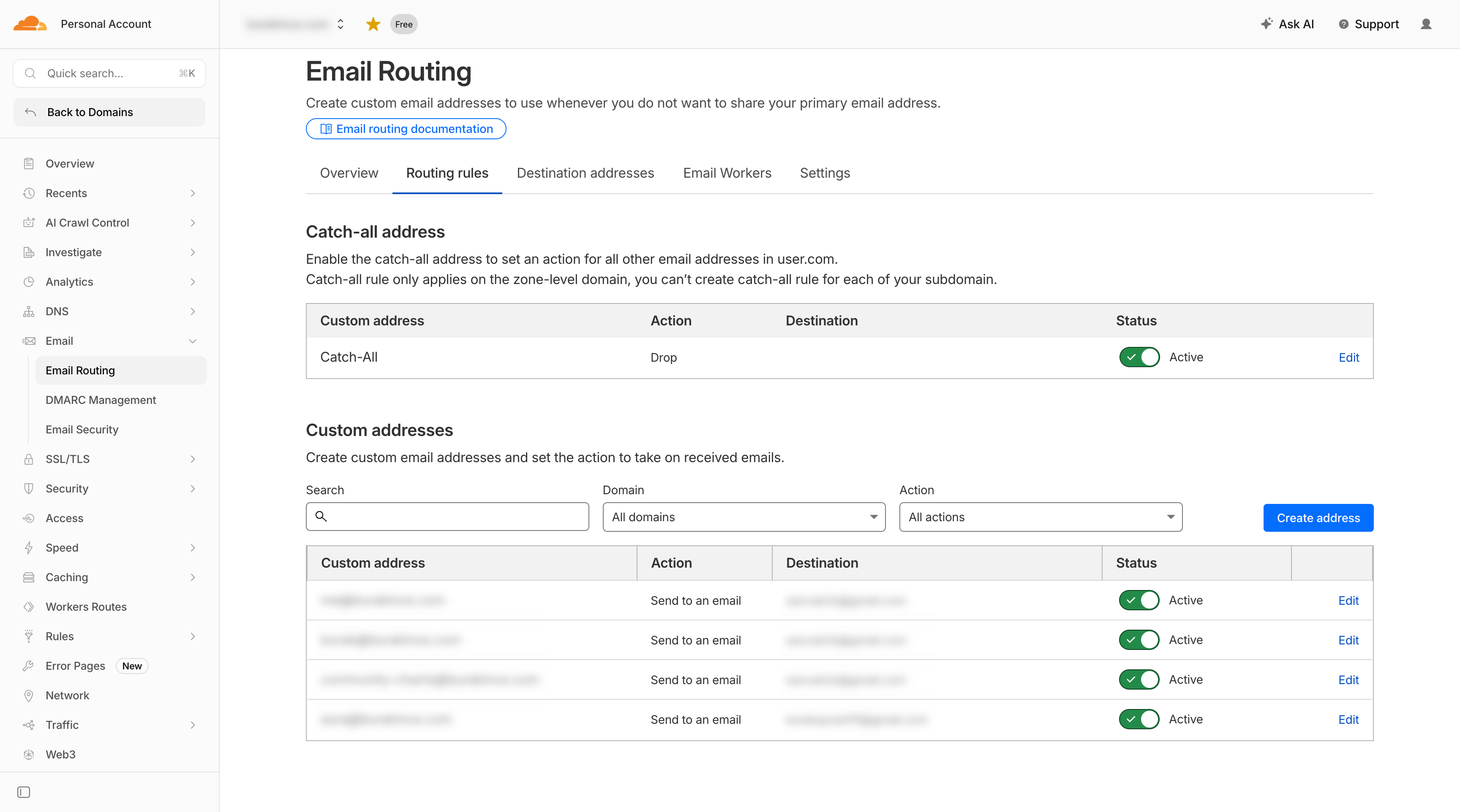 Cloudflare Email Routing routing rules tab showing custom address forwarding configuration