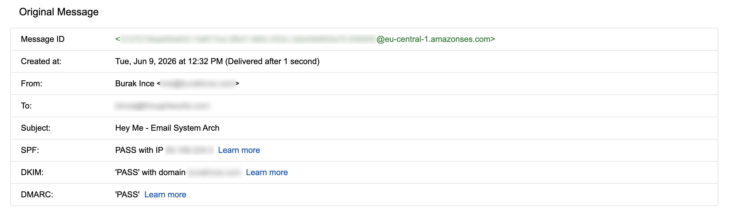 Gmail Show original view confirming dkim=pass, spf=pass, and dmarc=pass for a sent message