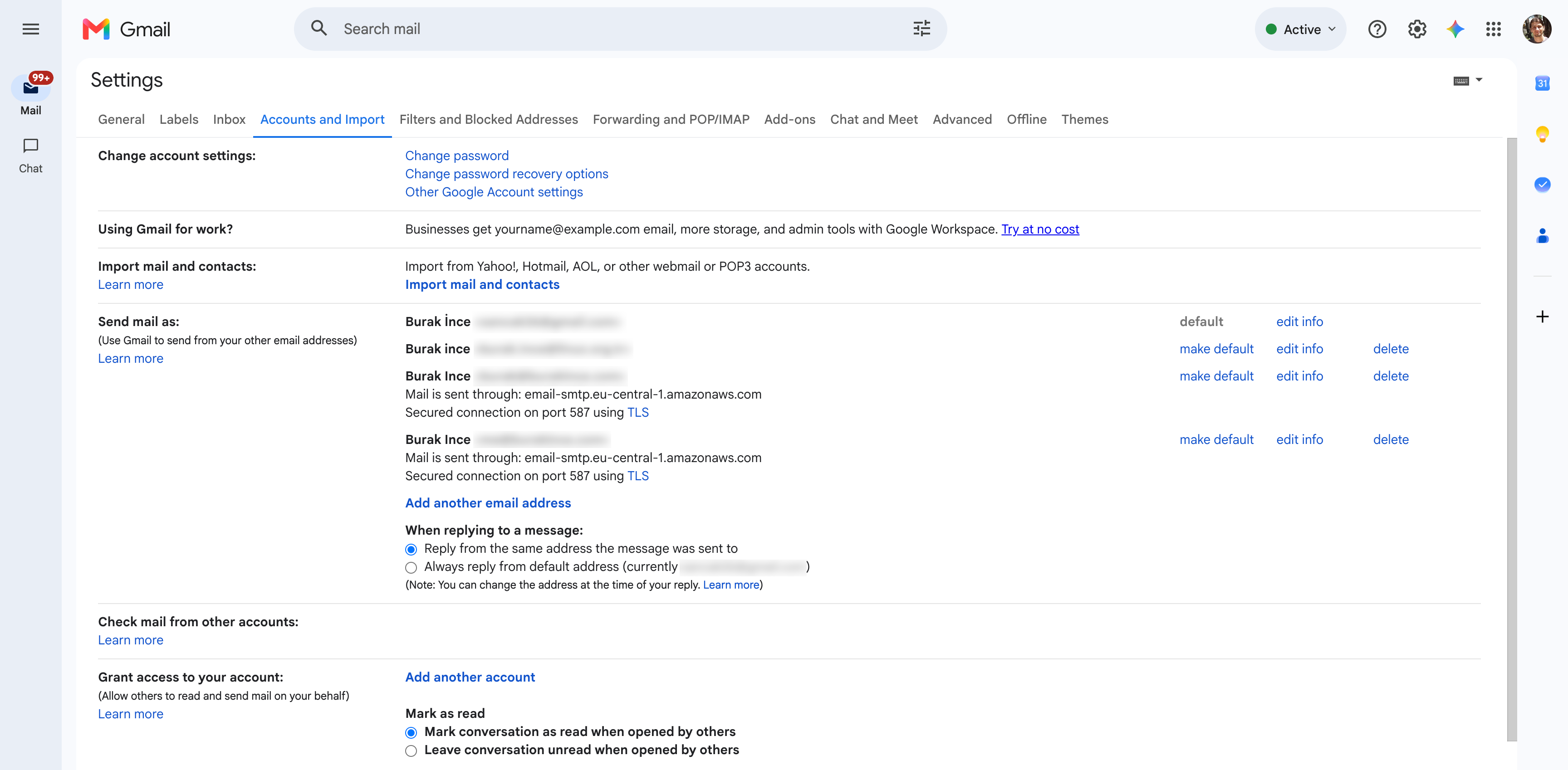 Gmail Accounts and Import settings showing Send mail as configured with AWS SES SMTP server